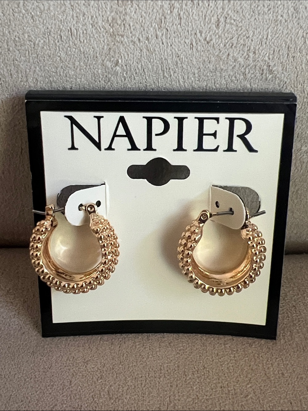 NWT Napier Gold Double-Row Beaded Hoop Earrings